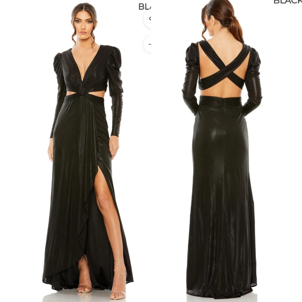 Nwt Mac Duggal | Black Princess Sleeve Cut Out Metallic Gown